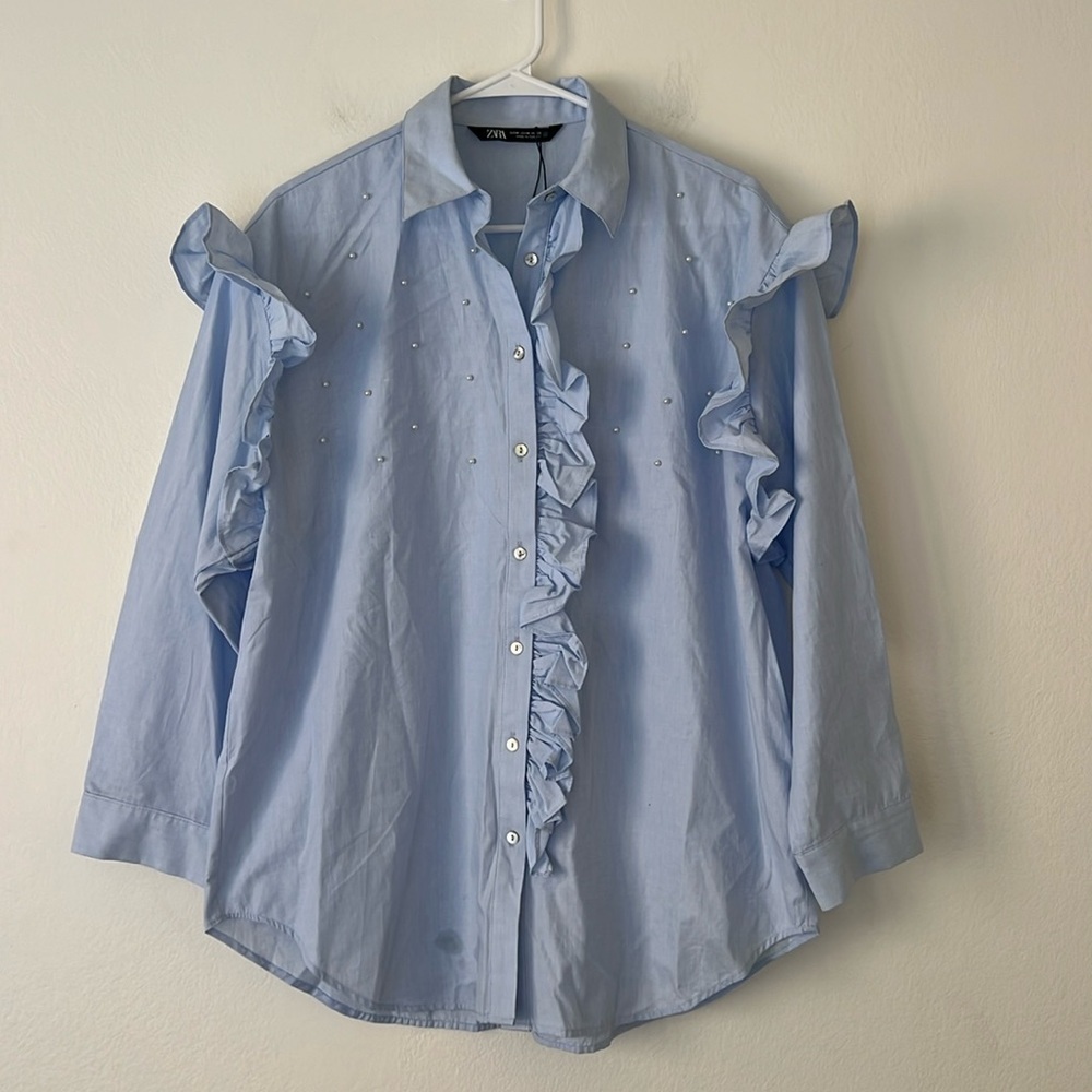 Zara Sky Blue Ruffle Button-Down Blouse with Pearl Accents